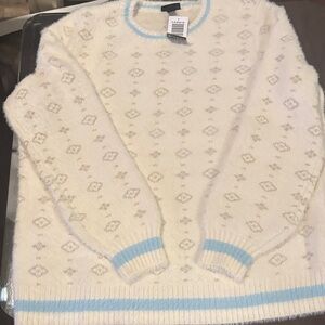 Torrid Cream and Light Blue Patterned Crewneck Sweater